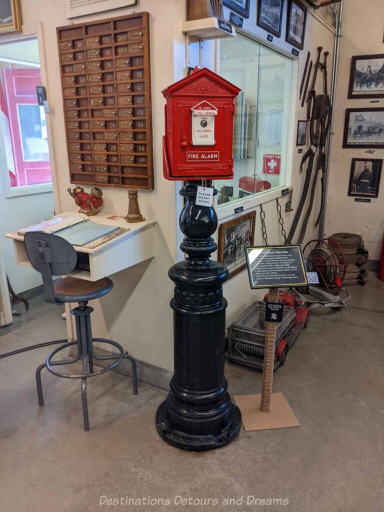 Fire alarm box on display among other memorabilia at Winnipeg Firefighters Museum