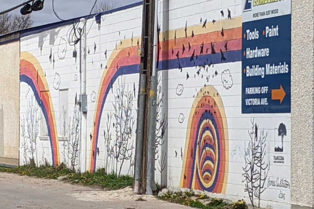 A blind contour drawing mural showing black birds and bushes with shapes of yellow, orange, pink, and blue.