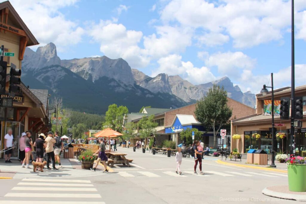 Pedestrian main street of Canmore with fabulous mountain views