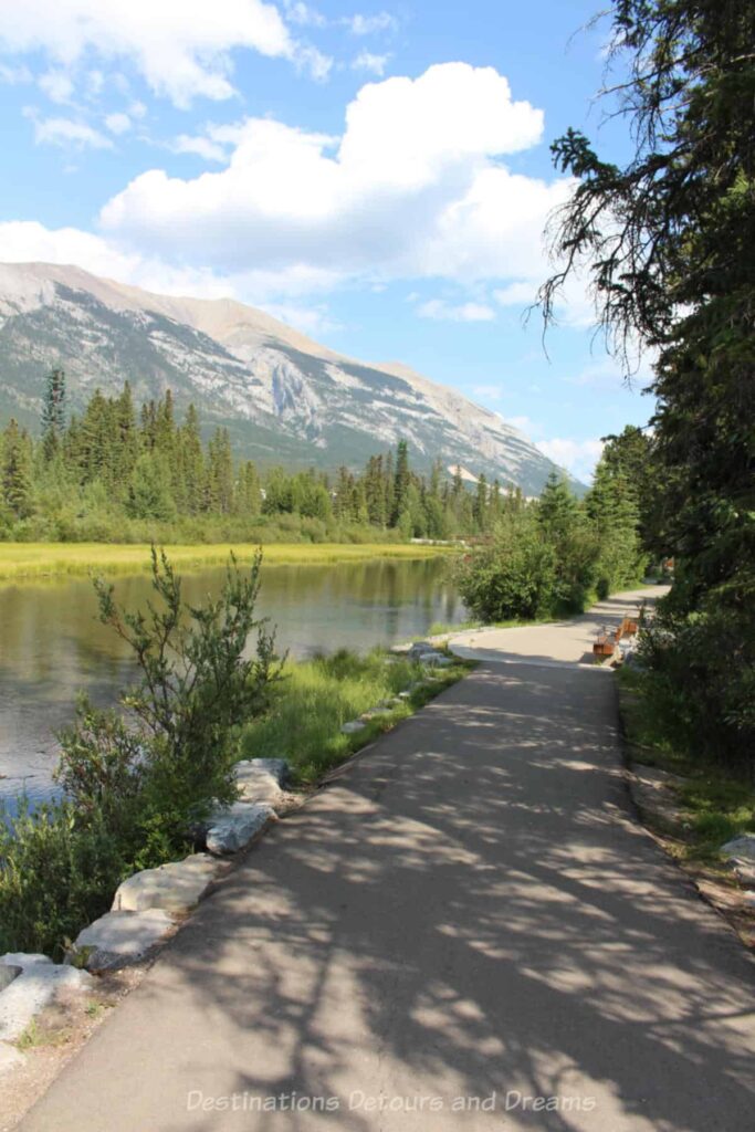 Walkway along a creek bordered with trees, park benches, and mountains in the background