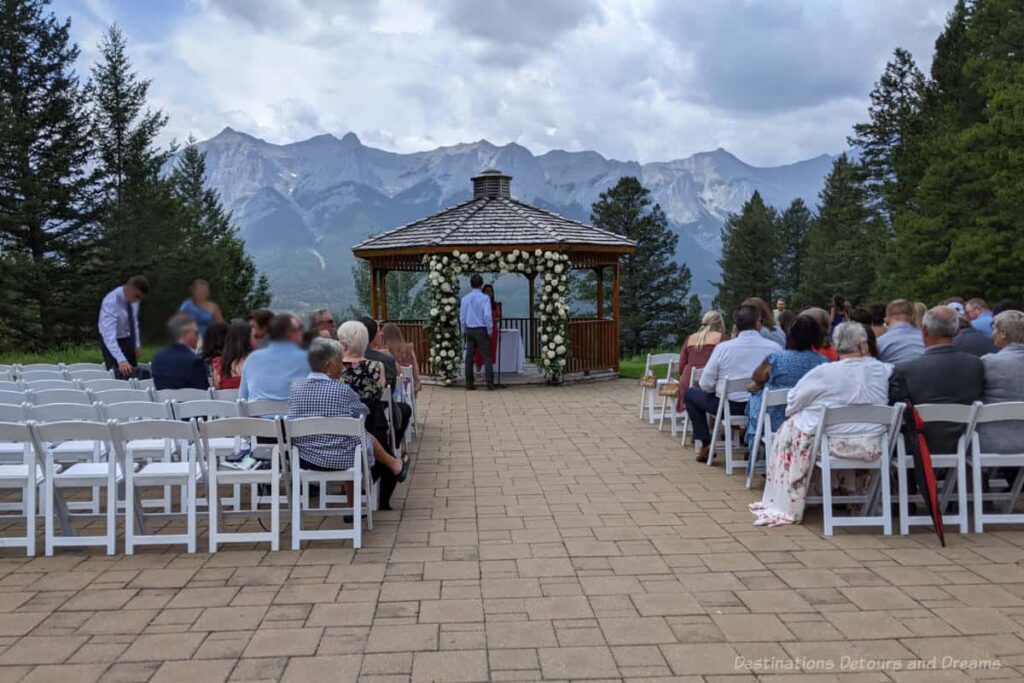 Gazebo setting for a wedding ceremony with a mountain view