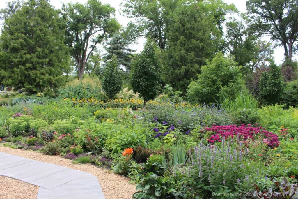 Flower beds of green, purple, deep pink, and yellow in front of tall trees