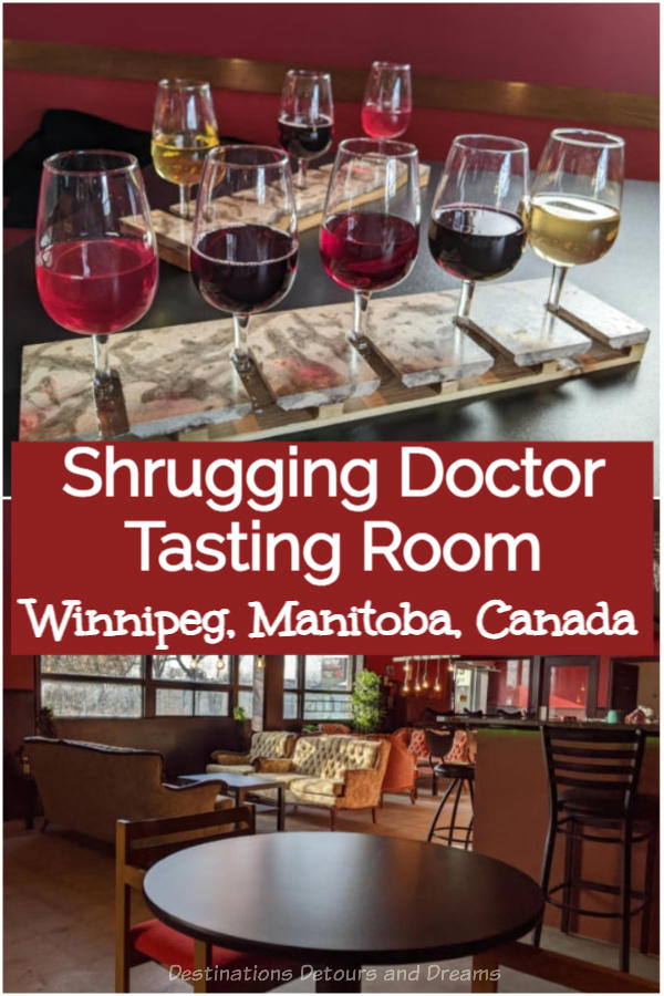 Visit to Shrugging Doctor Beverage Company Tasting Room in Winnipeg, Manitoba, Canada. Shrugging Doctor makes fruit wines, meads, ciders, and grape wines, including some from Manitoba grapes