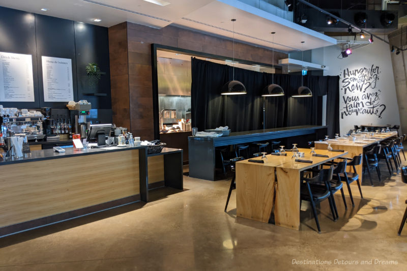 Restaurant area with long wooden tables