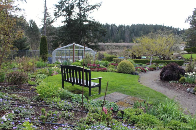 Gardens at HCP Front Area Garden with several beds, path running through, grassy area with bench, trees and pond in background