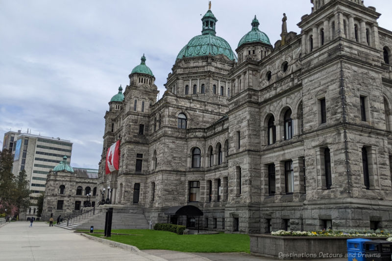 Side view of the B.C. Parliament Building showing the covered side entrance