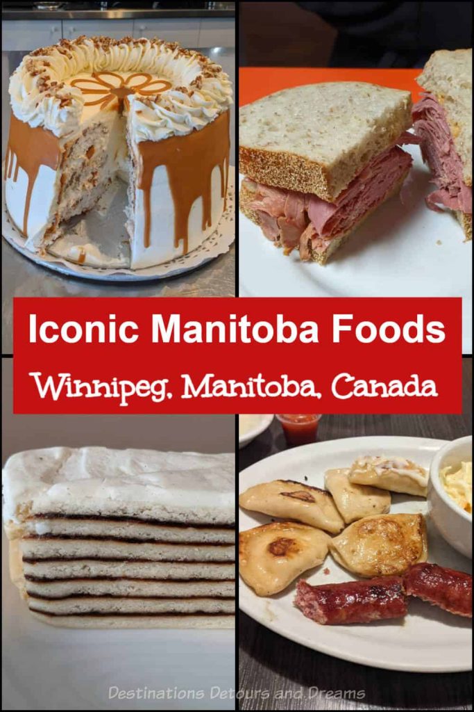 Iconic Manitoba Foods in Winnipeg Iconic Manitoba Foods - Iconic local specialties associated with Winnipeg, Manitoba, Canada include farmer sausage, Winnipeg-style rye bread, honey dill sauce, pickerel (walleye), the Nip, the Fat Boy, Shmoo Torte, vinarterta, and more