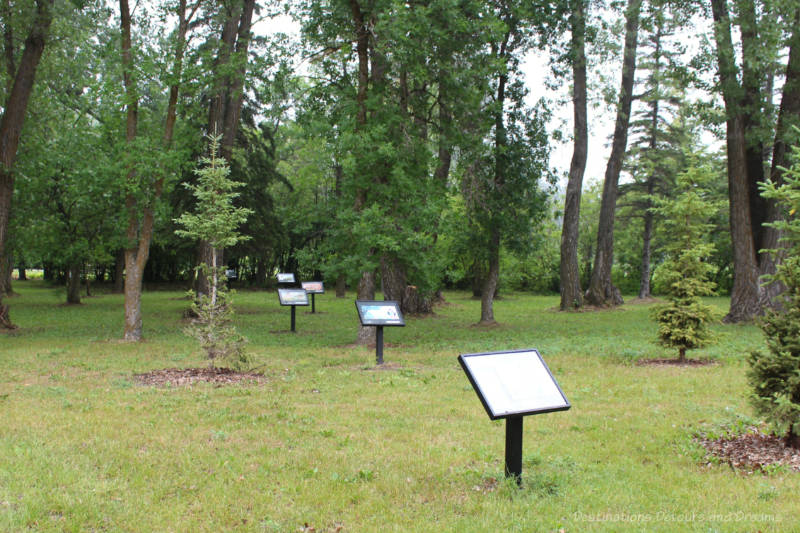 Panels set in grass in treed area contain story pages