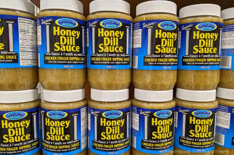 Winnipeg Food Honey Dill Sauce Jars of honey dill dipping sauce lined up in a grocery store
