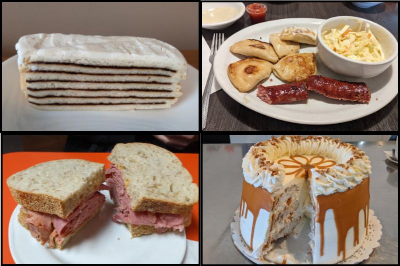 Iconic Manitoba Foods A collage of Manitoba foods: vinaterta, Shmoo cake, Winnipeg rye bread, perogies and farmer sausage