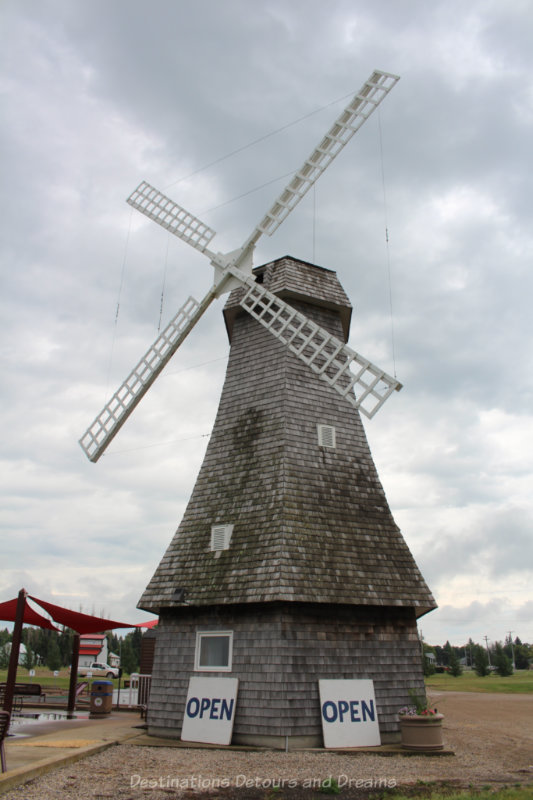 Wood shingle covered windmill roadside attraction 