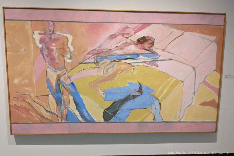 Staycation Bedroom IV Stylized painting of a bedroom with women lying in bed and man standing in shades of pink, yellow, and blue