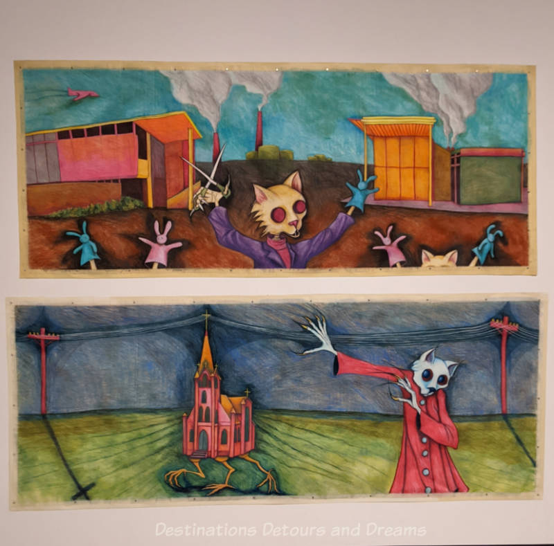 Staycation Chris Reid Paintings Two eerie paintings (one hung over the other) with cats and bunnies having macabre expression with no eyes, just empty sockets
