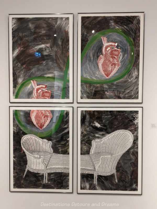 Staycation Decoding Artwork of four connected panes of painting showing chaise chair and swirls or wind or activity with fetuses in sacs