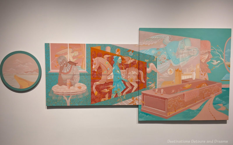 Staycation Ice Dreams Artwork in a collection of different shaped paintings (circle, rectangle, square) in shaded of teal and corral