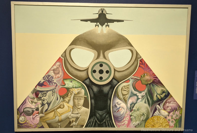 Staycation Kreyes Painting painting of a plan atop triangular shape wearing goggles with contorted images of human faces filling the rest of the shape