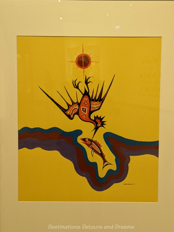 Staycation Myth Image Yellow-background Jackson Beardy painting of a bird swooping down on fish with stylized version of river underneath