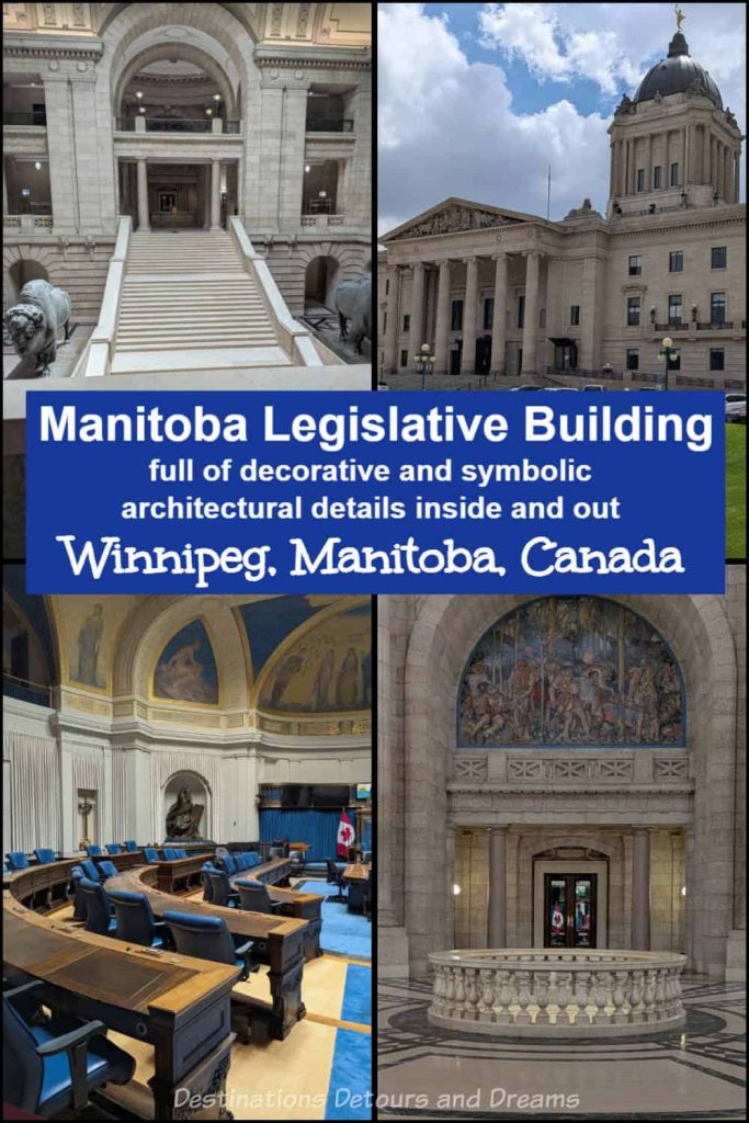 The Manitoba Legislative Building in Winnipeg, Manitoba, Canada features decorative and symbolic ornamentation incorporating Greek, Roman, and Egyptian design elements