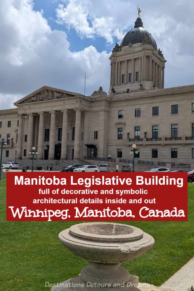 The Manitoba Legislative Building in Winnipeg, Manitoba, Canada features decorative and symbolic ornamentation incorporating Greek, Roman, and Egyptian design elements