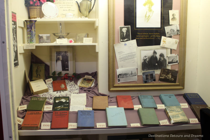 Sipiweske Museum Nellie McClung Books and Artifacts Museum display of Nellie McClung artifacts includes photos, some dishware, and the published books