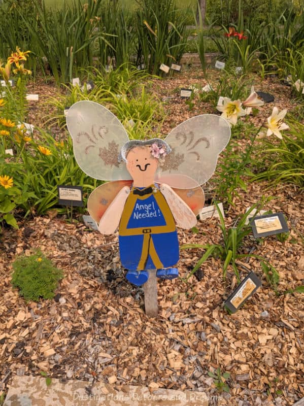 Beausejour Daylily Gardens Angel Needed Wooden angel figure in a flower bed reads Angel Needed